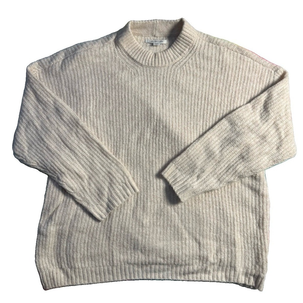 American Eagle Women's Soft Ribbed Cream Knit Sweater Size Small EUC